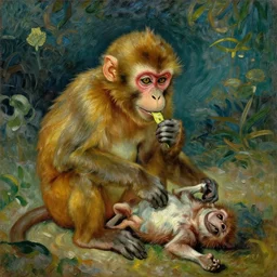 a beautiful oil painting of a monkey eating a dead animal , 8k , award winning , made in 1800's , old , painted by vincent van gogh