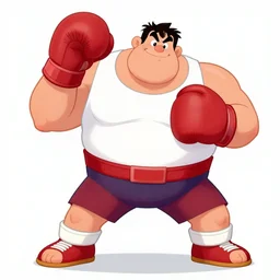 animation illustration of boxer with large chest and muscles in boxer pants, white shirt and boxing gloves, dynamic pose, cartoon network, looney tunes, disney