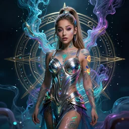 a centered render of ariana grande as a mystical raver girl with fluorescent tattoos wearing intricate metallic clothing surrounded by a underwater ink pour and flowing liquid gallium and sacred geometry, perfect body and face, gorgeous, cinematic, beautifully lit, by peter kemp, by karol bak, by donato giancola, 3 d, trending on artstation, octane render, 8 k