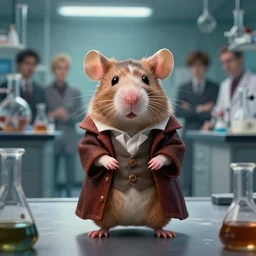 portrait of a cute pet rat dressed as an english professor, standing in a chemistry lab, digital art, artstation, fantasy, cinematic, fine details by realistic shaded lighting poster by ilya kuvshinov katsuhiro otomo, magali villeneuve, artgerm, jeremy lipkin and michael garmash and rob rey