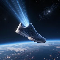 a shoe floating in space seen from a distance, stars and galaxies, beams of light, trending on artstation, octane render