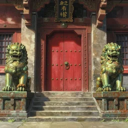establishing shot, three point perspective, animation key shot of the great lion temple, ultra wide, red door, stone steps, symmetrical brass lion statues, sunlight, ornate, rust, art deco, metal rivets, by ghibli, shinji kimura, background art, fantastic architecture, cinematic lighting