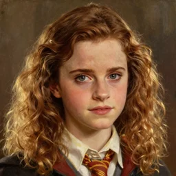 Painting of Emma Watson as Hermione Granger. Extreme close up. Art by william adolphe bouguereau. During golden hour. Extremely detailed. Beautiful. 4K. Award winning.