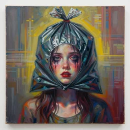 girl with trash bag on head, grotesque, doomed, blurred, high resolution, gouache on canvas, ultra detailed, vibrant colors, wrapped thermal background
