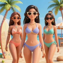 extremely attractive bikini girls on a beach with palm trees 3 d render octane art station digital art detailed sunglasses surfboard beach bar