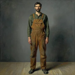 a tall man with olive complexion wearing brown coveralls by odilon redon