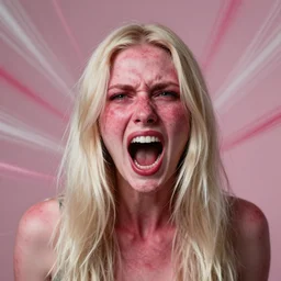 blonde long hair pale blotchy red skin women screaming eyes face scrunched photography realistic deatiled pink and white streaky rushed background