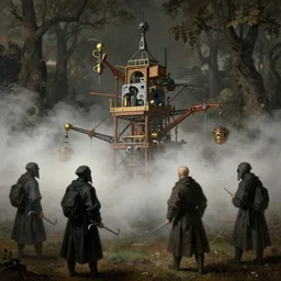 plague doctors with rube goldberg machines in the fog by joel peter witkin, heironymus bosch, gustave dore, beksinski