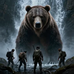 scary picture of a giant grizzly bear staring down at 3 human poachers near a waterfall, demonic, dark fantasy, dnd, extremely detailed, sharp focus, smooth, matte painting, concept art, vaporwave style, chiaroscuro, trending on artstation!!!