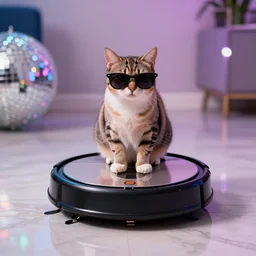 cat wearing sunglasses, cat sitting on top of roomba, reflective marble floor, disco party lights, sunglasses