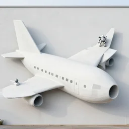 photo of minimalist abstract cubist sculpture of curvy spaceship with random small mecha mayan decorations, covered with few large cruvy white airplane parts with windows and doors, as a mural