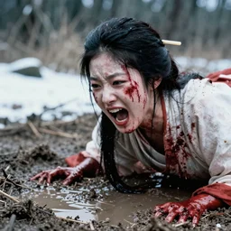 1 9 7 0 s movie still close - up of a bloody white japanese female ghost yelling going out of mud puddle snowy, swamp backround, cinestill 8 0 0 t 3 5 mm eastmancolor, heavy grain, high quality, noir, natural textures, photorealistic, ambient occlusion, hd, ultra wide lens, anamorphic, fade color