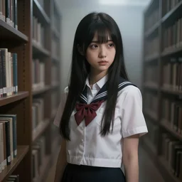 magical and mystical, illustrious makinami, school girl wating on a library, gloomy and foggy atmosphere, octane render, rembrandt, cgsociety, artstation trending, highly detailded