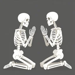 two praying skeletons kneeling facing each other, 2 d, vector, flat art, bland and white