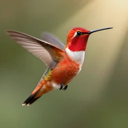 A medium shot image of a small red flaming hummingbird. Library god rays raytraced