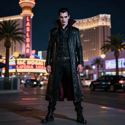 full body portrait of a blood punk vampire, realistic proportions, coherent face, background of las vegas strip at night, cinematic, hyper realism, high detail, octane render, 8k, cgsociety