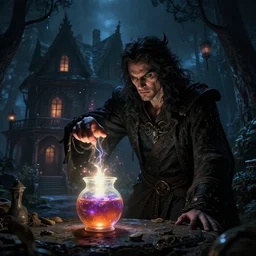 dark magician conjures a san with a potion, dark old house location, glowing light, magic particles, peter mohrbacher style, ray tracing, cinematic, digital art, realistic,
