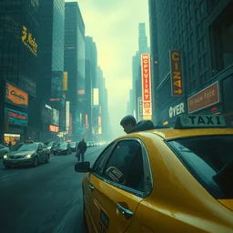 beautiful matte painting of taxi car in cyberpunk new york with a boy and his grandma robogran by greg rutkowski