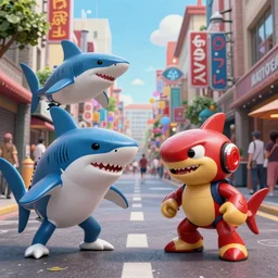 photo street sharks vs battletoads, 8 k, hdr, cinematic, rule of thirds, digital painting, vivid colors, sharp render by miyazaki nausicaa ghibli, sigma 8 5 mm, in the art style of beeple, cel shading,