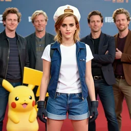 A badass photo of emma watson dressed as ash ketchum in a pokemon the movie by nuri iyem, james gurney, james jean, greg rutkowski, anato finnstark. hyper detailed, 50mm, award winning photography.