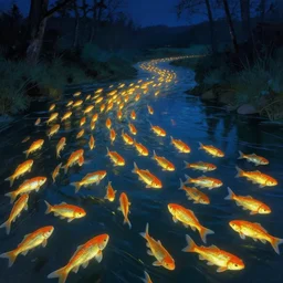 glowing fish immigration down a river, evocative, mystical night, detailed, award - winning, trending on artstation artwork by thomas kinkade,