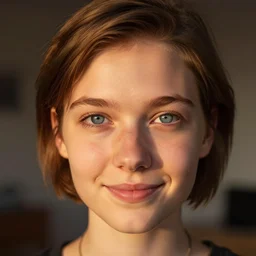 high detail, macro portrait photo, a lovely norwegian girl with short brown hair and clear blue eyes and symmetrical features, smiles at the camera, set in a dimly lit apartment at golden hour, shot using a zeiss supreme prime lens