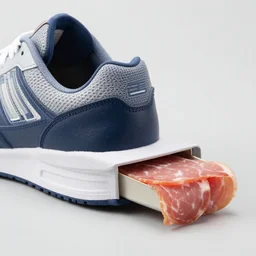 sports shoe with a drawer sticking out of the heel containing cold cuts, product photo