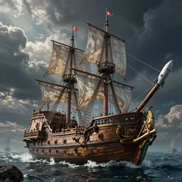 space pirates with classic wooden ships with rockets
