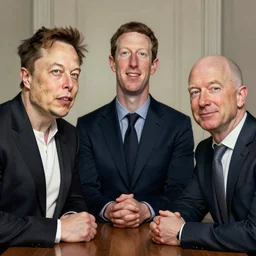 portrait of elon musk, mark zuckerberg, jeff bezos, in meeting together, very detailed, art contest winner on behance, trendy on deviant art, by by artgem, greg rutkowski