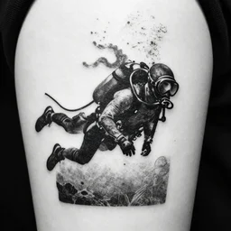 cyberpunk underwater diver, black and white tattoo design, stencil, on white skin, by artgerm