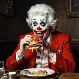 ronald mcdonald eating a burger, art by francisco goya, gruesome, dark