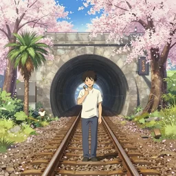 tunnel of love, palm & sakura, railway, by shunji dodo, 8 k resolution, high quality