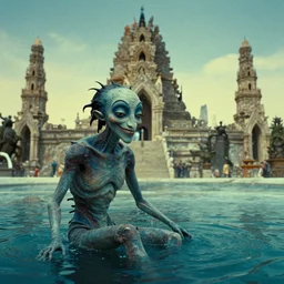 the strange creature at the temple that liked my smile, made of water, film still from the movie directed by Denis Villeneuve with art direction by Salvador Dalí, wide lens