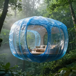 Hyper realistic, floating house made of blue clear plastic sheeting, interior design, organic form,transparency, view of forest,green, Future design, architecture design, parametric architecture, covers by textile, environment, morning light, foggy, Cinematography, mega scans, cinematic, hyper realistic, photo real, cinematic composition, highly detailed, Vray, 8k render, extremely realistic