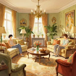 a beatiful living room, extremely detailed, sharp focus, wide view, smooth, digital illustration, colorfull, by james jean, by rossdraws, frank franzzeta, sakimichan, mcbess, aphonse mucha