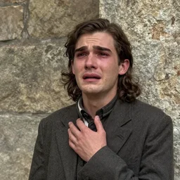 Portrait of a terrified young man on the verge of tears in 1930s attire with long hair cornered against a stone wall. He is looking utterly panicked and distressed. 4K sigma 85mm