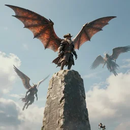 a small winged creature lands on the very top of the monolith : strong dmt vibes, cowboy plague doctor : kitesail cleric, legion angel : applied biomancy, by wesley burt and karl kopinski, visually stunning, cinematic, ultra realistic, hyper realism, 1 2 k, epic, octane render, unreal engine, vfx, maya,