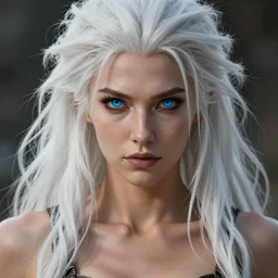 close - up headshot portrait of a gorgeous barbarian woman, white long messy hair and blue eyes, highly detailed, muscular, very beautiful face, digital art, pixiv fanbox, trending on artstation, ray tracing, volumetric lighting, sharp focus, hq, by artgerm, greg rutkowski, wlop, miyazaki hayao