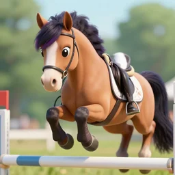 close up ground level shot of a rider on a hybrid ( my little pony ) horse, horse jumping a over a hurdle, a horse that's ( my little pony ), octane render, professional, high quality, dof, bokeh, action
