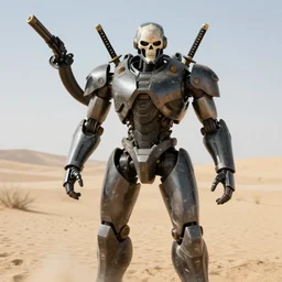 combat android, gun for a head, katana arms, skeletal face, military prototype, photography, desert, photorealism