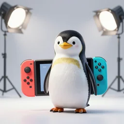 photo still of a penguin playing a nintendo switch, 8 k, studio lighting bright ambient lighting key light, 8 5 mm f 1. 8