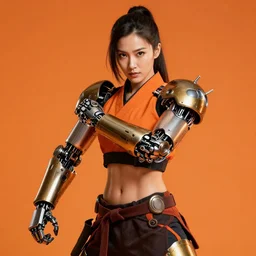 muscled japanese female martial artist with steampunk robotic arms, sharp, smooth, beautiful, energetic, vivid colors, orange lighting, by Ross Tran
