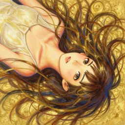 recursive image with a girl falling in love, large eyes, her long hair flowing, surreal, oil pastels and gold, in the style of katsuhiro otomo, modeled in poser, redshift render, uhd
