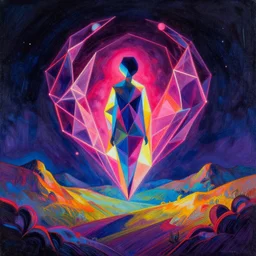 the introvert paradise, neon geometric inks painting, polygonal joy and loneliness in levitating landscapes