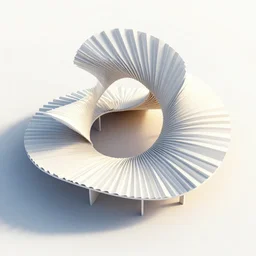 construction of mobius strip sculptural pleated curved roof planes lift and descend creating shade and architectural expression, 3 d top view axonometric, dramatic surrealist form, morning light, lightweight structures, solid boolean subtraction, isometric