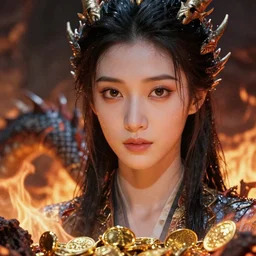 close-up portrait film still, beautiful dragon with wet skin in a pit of fire, treasures of gold, trending on artstation, blizzard concept artists, cinematic, hyper realism, high detail, octane render, high contrast, vibrant, trending on artstation, 8k