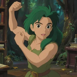 animation still frame of an attractive female guardian of the forest ( medium green hair ) in an awesome pose, high angle closeup portrait, blurry background of the library, disney, pixar, bloom, medium shot, dramatic lighting, in the style of studio ghibli, j. c. leyendecker, greg rutkowski, artgerm