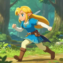 link is running to save princess zelda, in forest background, lois van baarle