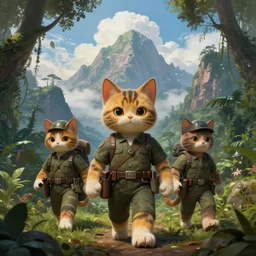 portrait of anthropomorphic cat soldiers traveling in the jungle underneath big mountains with giant clouds, facing the camera, professional digital painting by rembrandt and akira toriyama, volumetric and cinematic lighting, d & d, artstation, extremely detailed 8 k