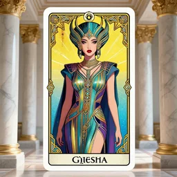 giesha demon, innovative avant - garde art, deco fashion, asian women, photorealistic portrait, vaporwave, crisp quality and light reflections, inside a room with marble columns, transcendent, vibrant color, clean linework, finely detailed, tarot card with ornate border frame, 4 k, trending on artstation, volumetric lighting, octane render